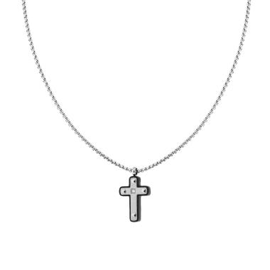 Collana Catena Veneziana Tonda con Croce Nera con Crystal Bianco in ACCIAIO