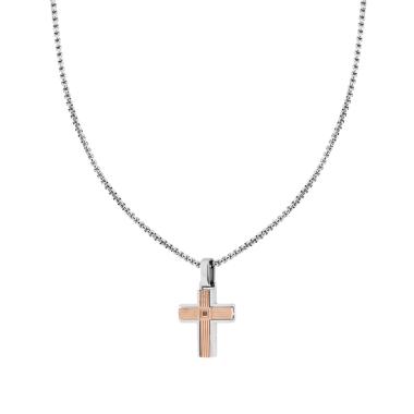 Collana Catena Veneziana Tonda con Croce Rosa Rigata con Crystal Nero in ACCIAIO