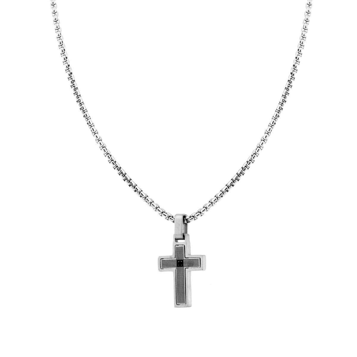 Collana Catena Veneziana Tonda con Croce Rigata e Crystal Nero in ACCIAIO