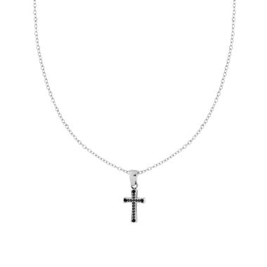 Collana con Catena Forzatina Diamantata con Croce e Crystal Neri in ACCIAIO