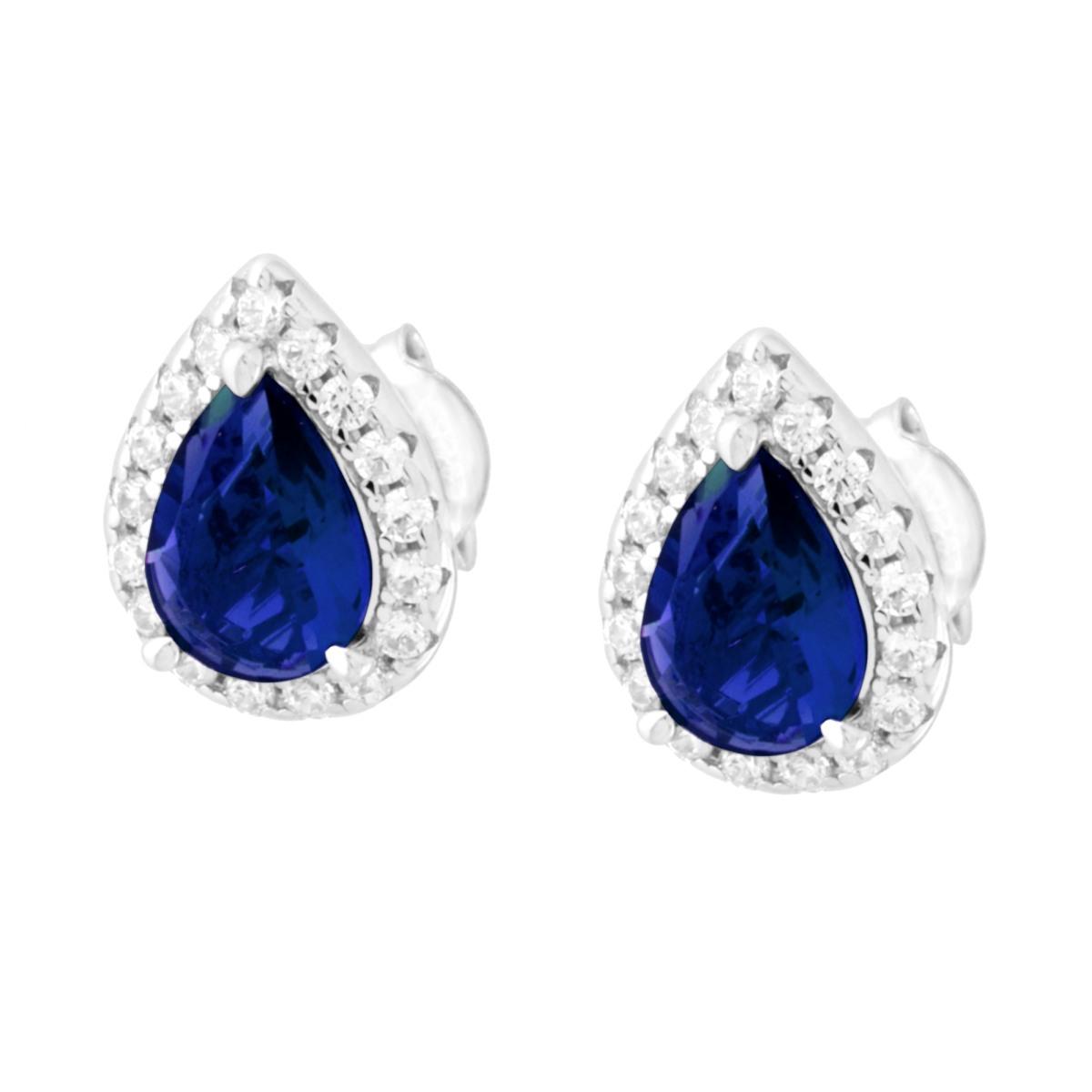 Orecchini Goccia Blu Zaffiro contornato da Cubic Zirconia Bianchi in ARGENTO 925 Galvanica Rodio