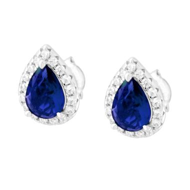 Orecchini Goccia Blu Zaffiro contornato da Cubic Zirconia Bianchi in ARGENTO 925 Galvanica Rodio