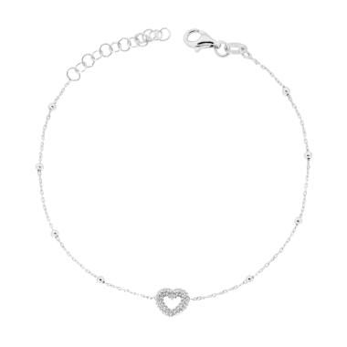 Bracciale Catena Forzatina Diamantata con Cuore Pallinato in ARGENTO 925 Galvanica Rodio