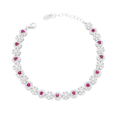 Bracciale Tennis Fiori con Cubic Zirconia Rosso Rubino e Bianchi in ARGENTO 925 Galvanica Rodio