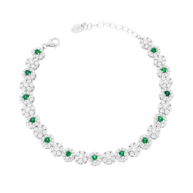 Bracciale Tennis Fiori con Cubic Zirconia Verde Smeraldo e Bianchi in ARGENTO 925 Galvanica Rodio