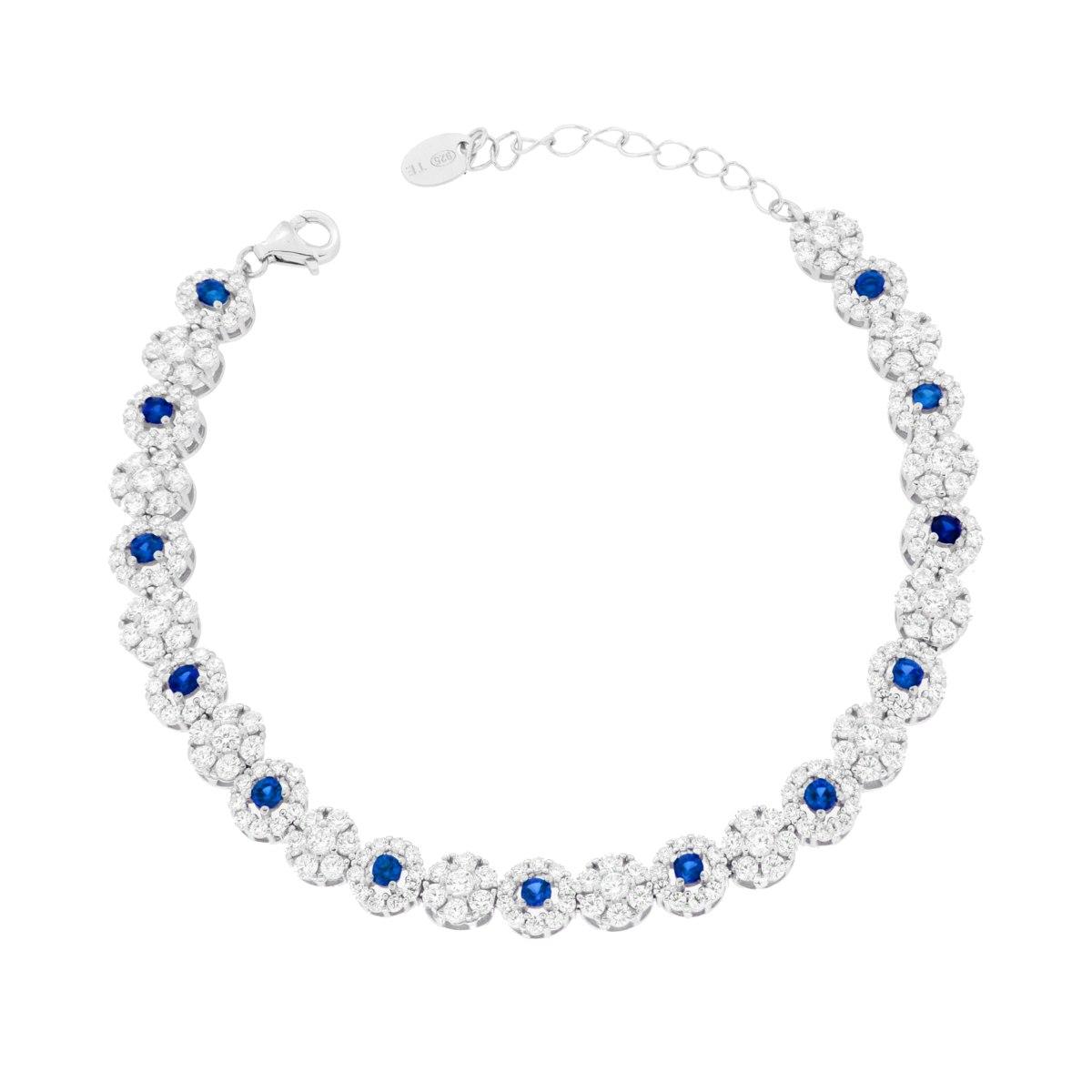 Bracciale Tennis Fiori con Cubic Zirconia Blu Zaffiro e Bianchi in ARGENTO 925 Galvanica Rodio
