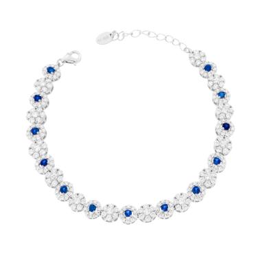 Bracciale Tennis Fiori con Cubic Zirconia Blu Zaffiro e Bianchi in ARGENTO 925 Galvanica Rodio
