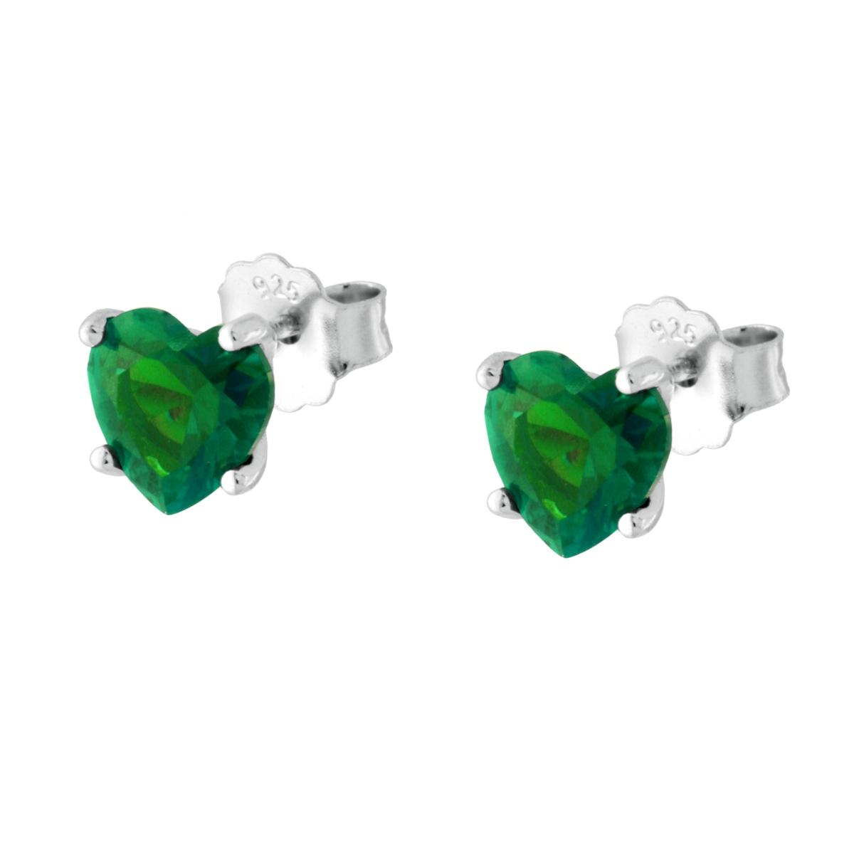 Orecchini Punto Luce Cuore mm 7 Cubic Zirconia Verde Smeraldo in ARGENTO 925 Galvanica Rodio
