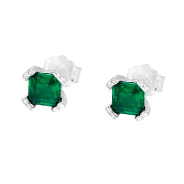 Orecchini Punto Luce Quadrato Verde Smeraldo con Griffe Cubic Zirconia Bianchi in ARGENTO 925 Galvanica Rodio