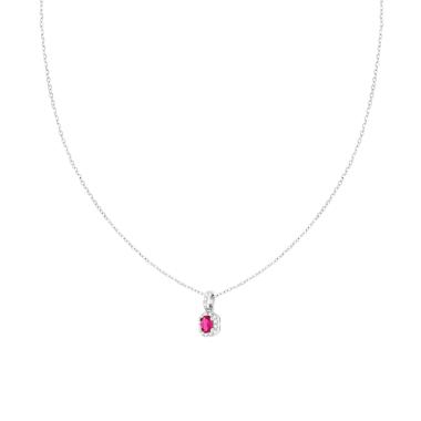 Collana Catena Forzatina Diamantata con Ovale Rosso Rubino contornato da Cubic Zirconia Bianchi in ARGENTO 925 Galvanica Rodio