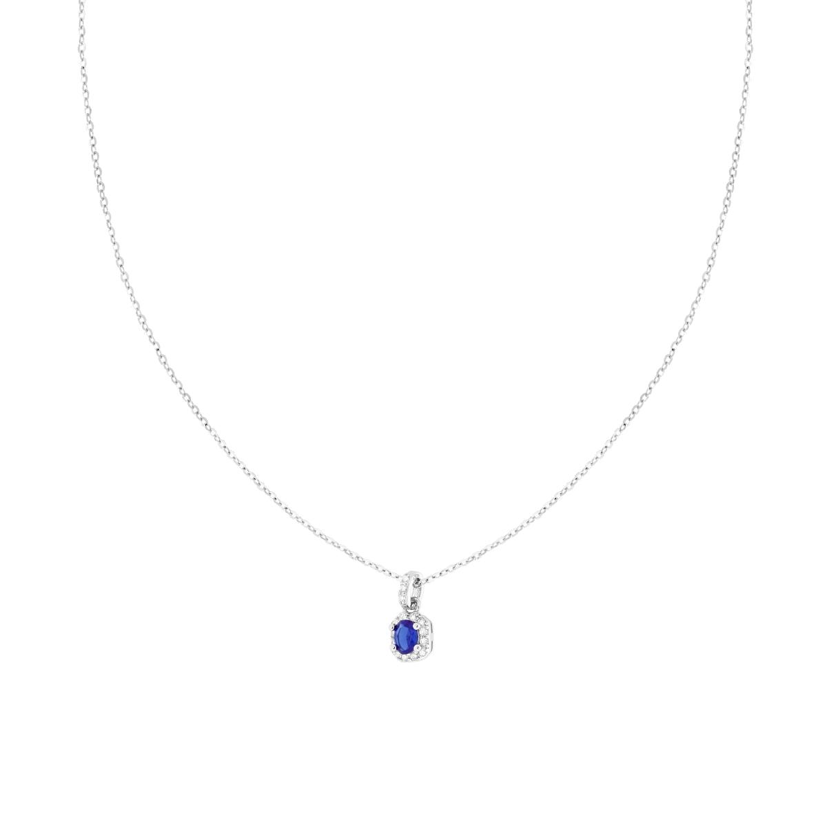 Collana Catena Forzatina Diamantata con Ovale Blu Zaffiro contornato da Cubic Zirconia Bianchi in ARGENTO 925 Galvanica Rodio