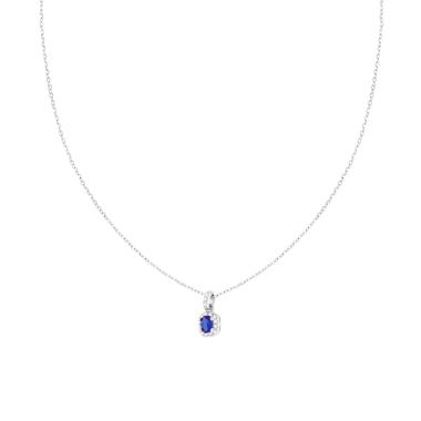 Collana Catena Forzatina Diamantata con Ovale Blu Zaffiro contornato da Cubic Zirconia Bianchi in ARGENTO 925 Galvanica Rodio