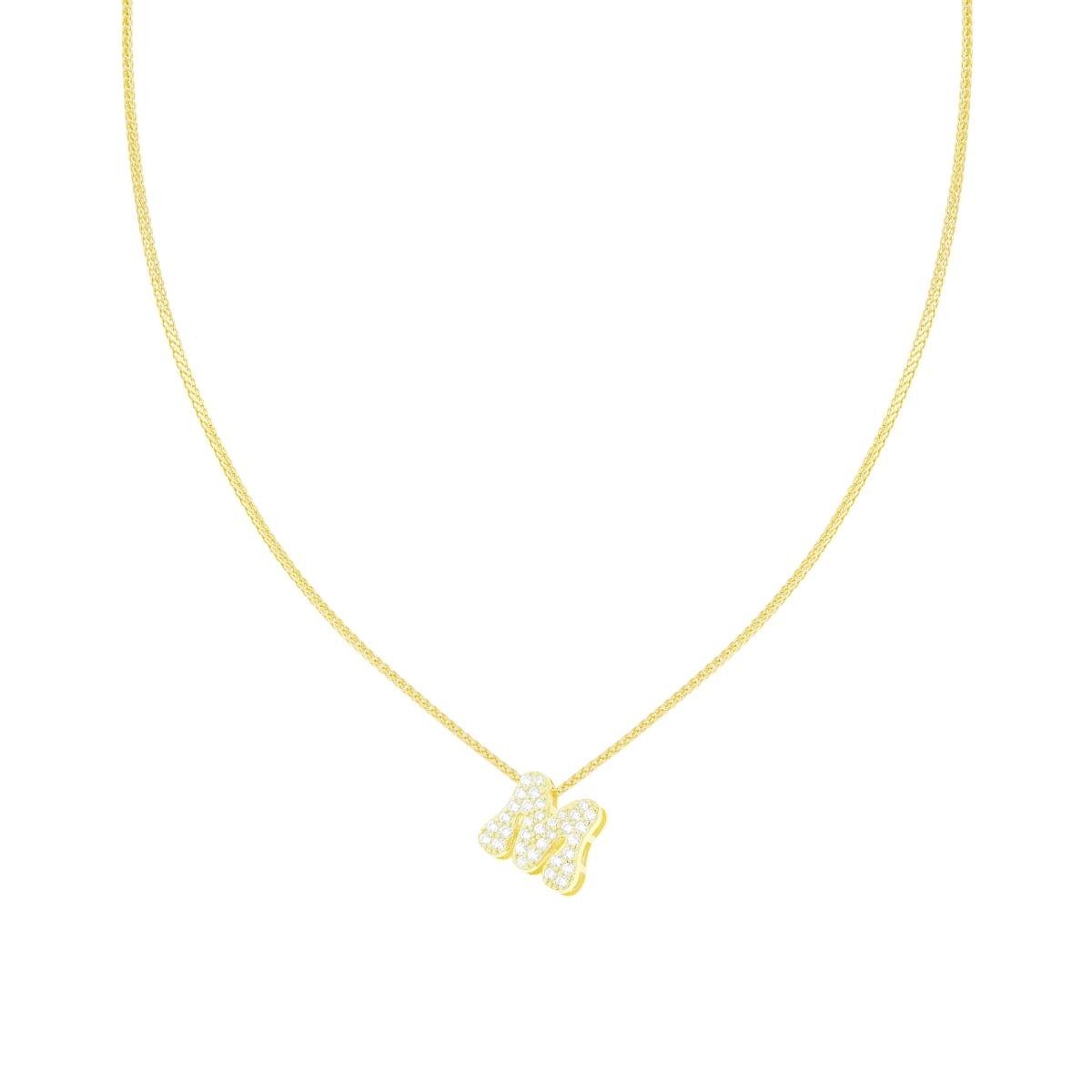Collana Catena Spiga Diamantata con Lettera Iniziale M e Cubic Zirconia Bianchi in ARGENTO 925 Galvanica Oro