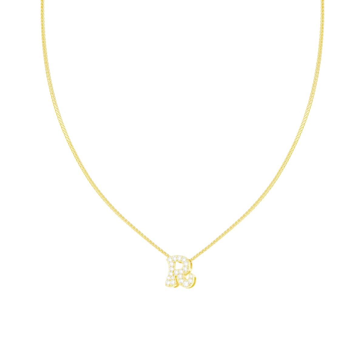 Collana Catena Spiga Diamantata con Lettera Iniziale R e Cubic Zirconia Bianchi in ARGENTO 925 Galvanica Oro