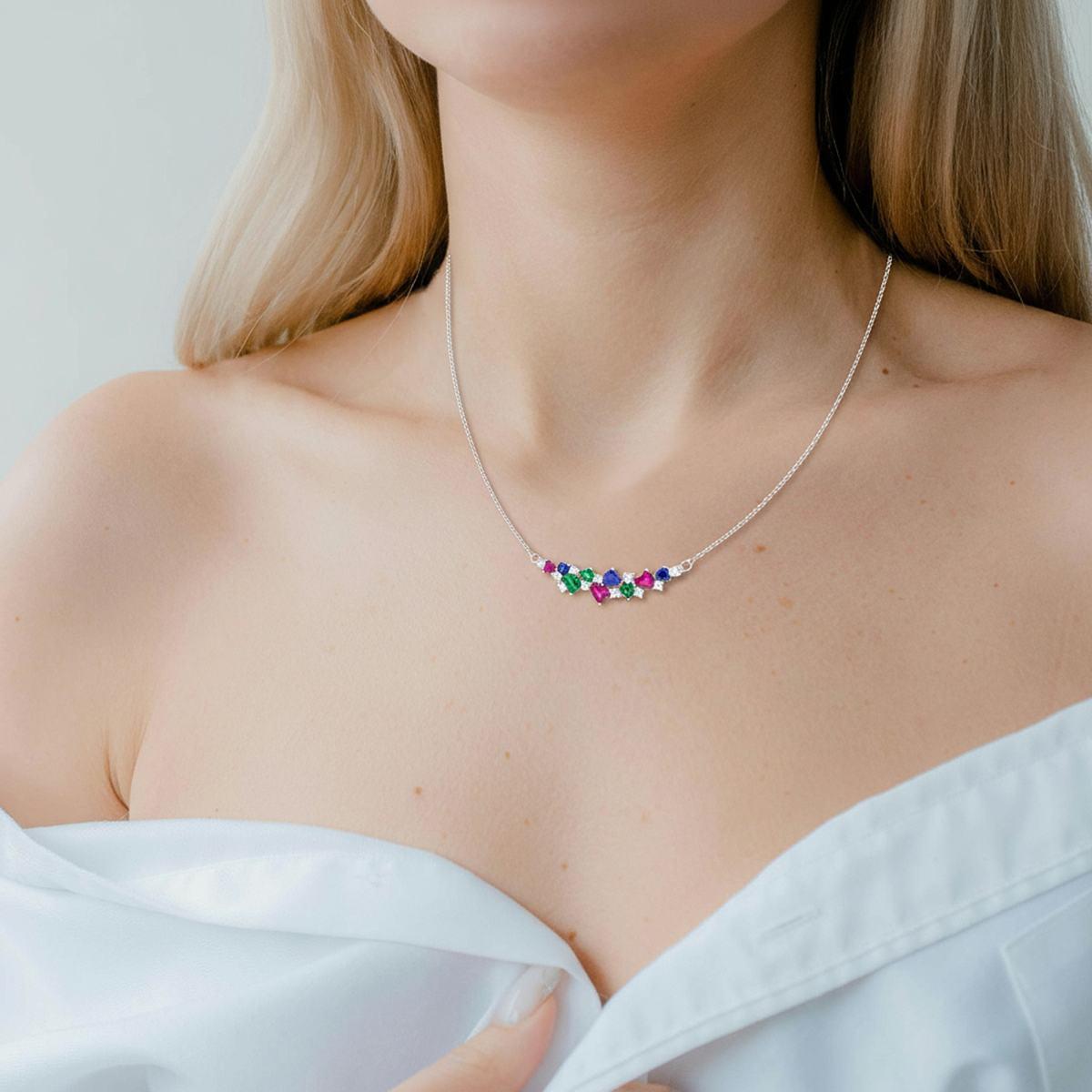 Collana Catena Forzatina con Cuori Cubic Zirconia Multicolor in ARGENTO 925 Galvanica Rodio