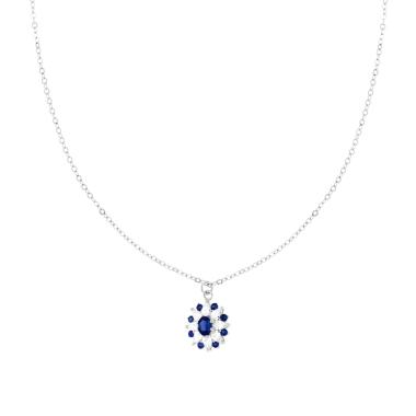 Collana Catena Forzatina Diamantata con Fiore Ovale Blu Zaffiro e Cubic Zirconia Bianchi Marquise in ARGENTO 925 Galvanica Rodio