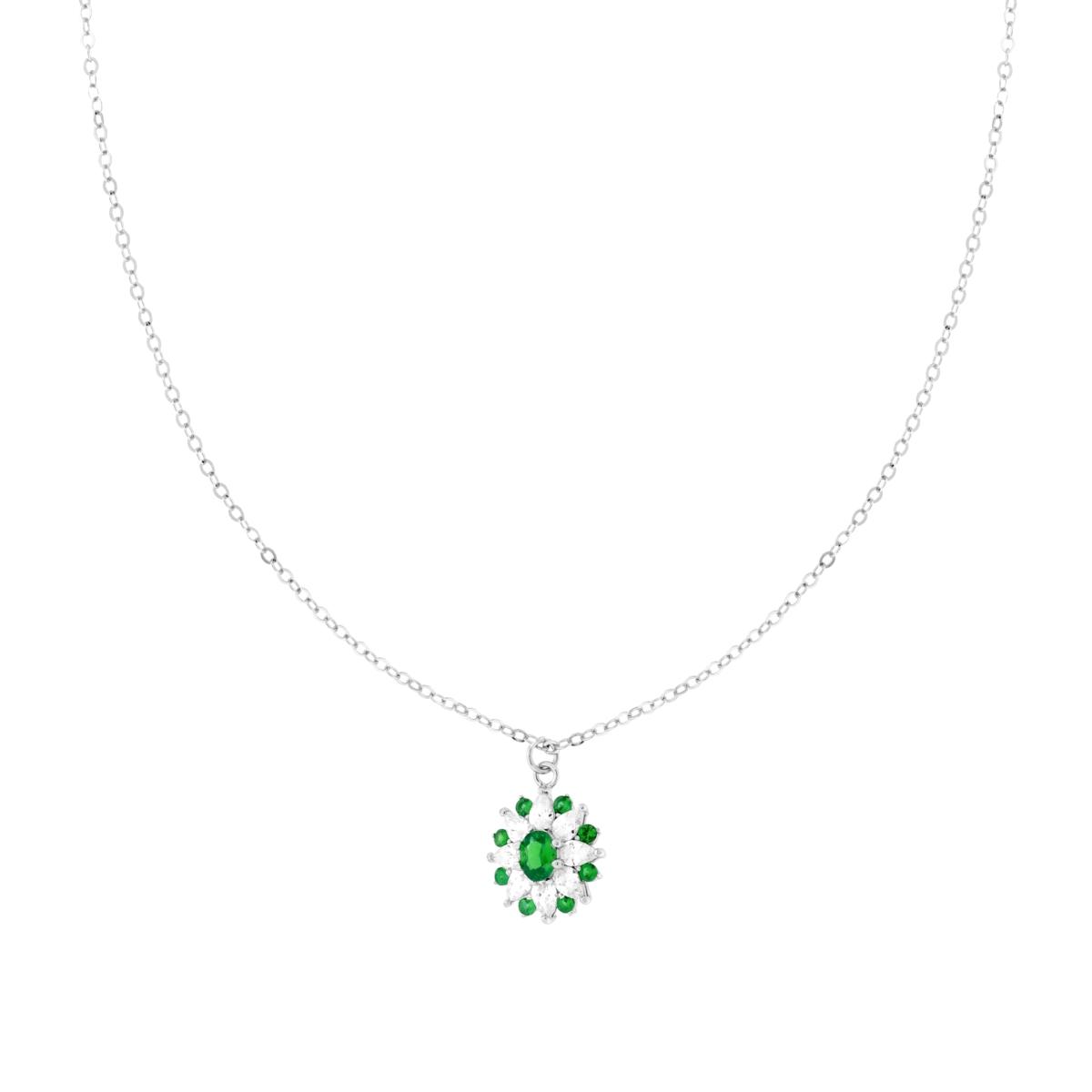 Collana Catena Forzatina Diamantata con Fiore Ovale Verde Smeraldo e Cubic Zirconia Bianchi Marquise in ARGENTO 925 Galvanica Rodio