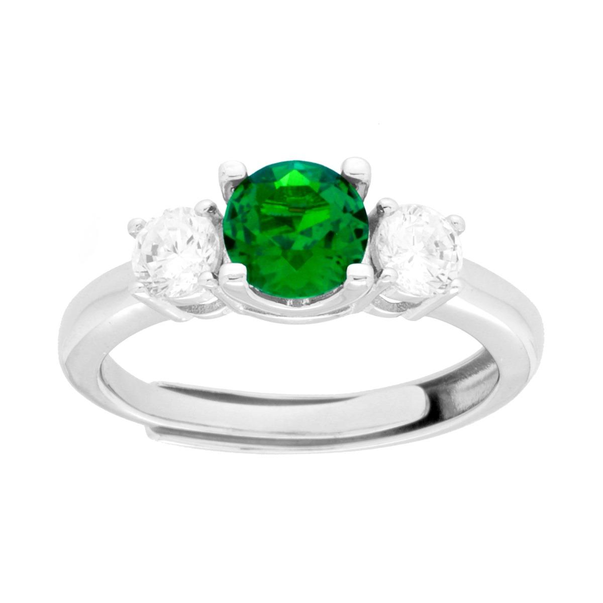 Anello Trilogy Verde Smeraldo e Cubic Zirconia Bianchi in ARGENTO 925 Galvanica Rodio