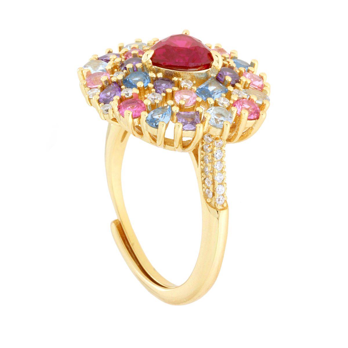 Anello Amore Love Cuore Rosso Rubino contornato da Cubic Zirconia Multicolor in ARGENTO 925 Galvanica Oro