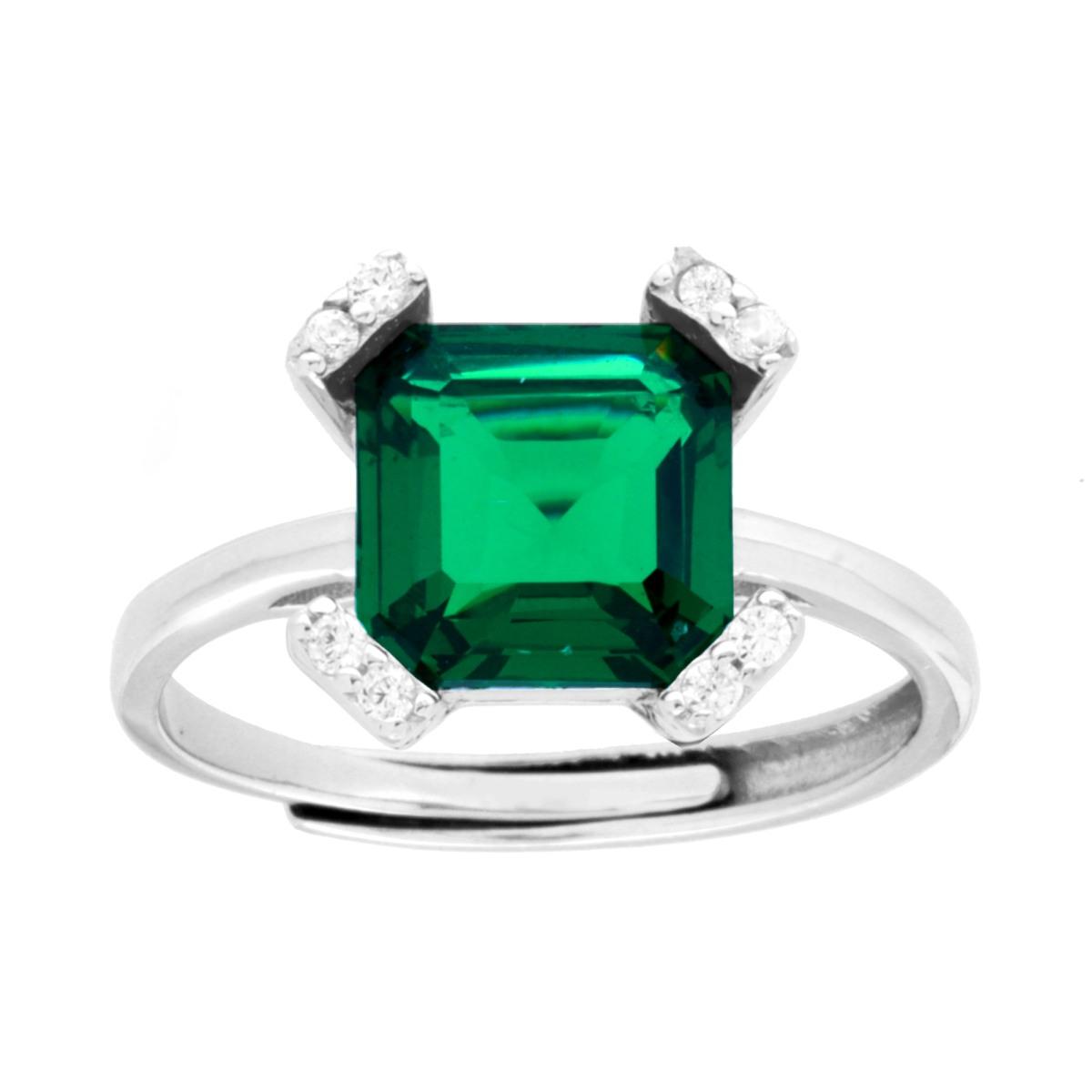 Anello Solitario Verde Smeraldo con Griffe Cubic Zirconia Bianchi in ARGENTO 925 Galvanica Rodio