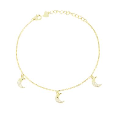 Bracciale Catena Forzatina Diamantata con Lune pendenti e Cubic Zirconia Bianchi in ARGENTO 925 Galvanica Oro