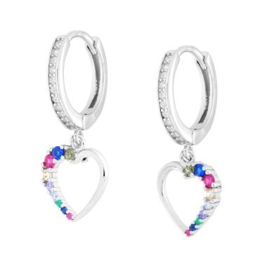 Orecchini Cerchio con Cuore e Cubic Zirconia Multicolor in ARGENTO 925 Galvanica Rodio