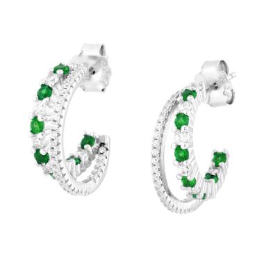 Orecchini Cerchio Doppia Canna con Cubic Zirconia Verde Smeraldo e Bianchi in ARGENTO 925 Galvanica Rodio