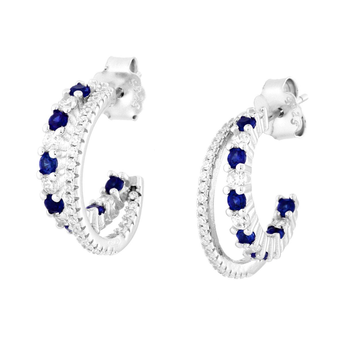 Orecchini Cerchio Doppia Canna con Cubic Zirconia Blu Zaffiro e Bianchi in ARGENTO 925 Galvanica Rodio