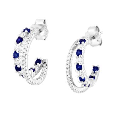 Orecchini Cerchio Doppia Canna con Cubic Zirconia Blu Zaffiro e Bianchi in ARGENTO 925 Galvanica Rodio