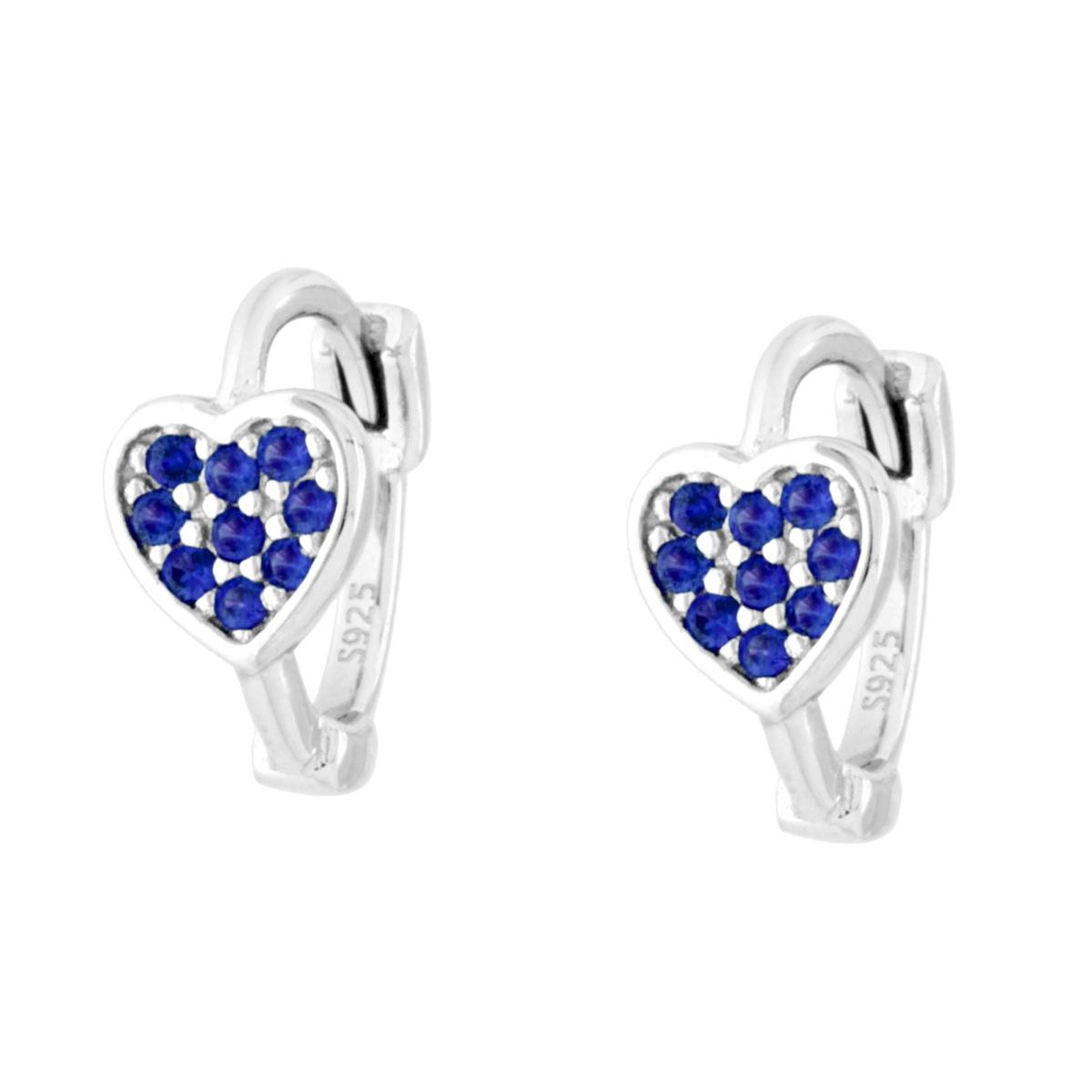 Orecchini Cerchio con Cuore e Cubic Zirconia Blu Zaffiro in ARGENTO 925 Galvanica Rodio