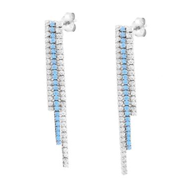 Orecchini tre fili Tennis con Cubic Zirconia Acquamarina e Bianchi in ARGENTO 925 Galvanica Rodio