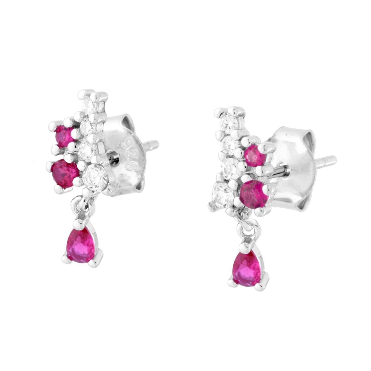 Orecchini con Cubic Zirconia Bianchi e Rosso Rubino pendenti in ARGENTO 925 Galvanica Rodio