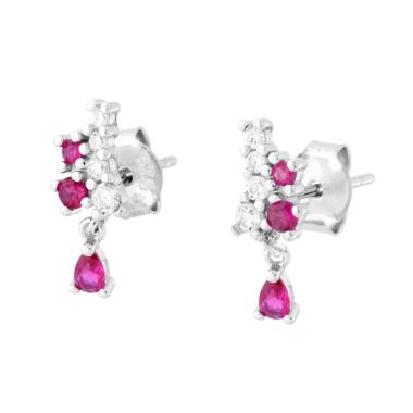 Orecchini con Cubic Zirconia Bianchi e Rosso Rubino pendenti in ARGENTO 925 Galvanica Rodio