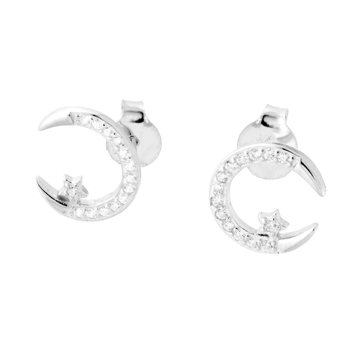 Orecchini Luna e Stella con Cubic Zirconia Bianchi in ARGENTO 925 Galvanica Rodio
