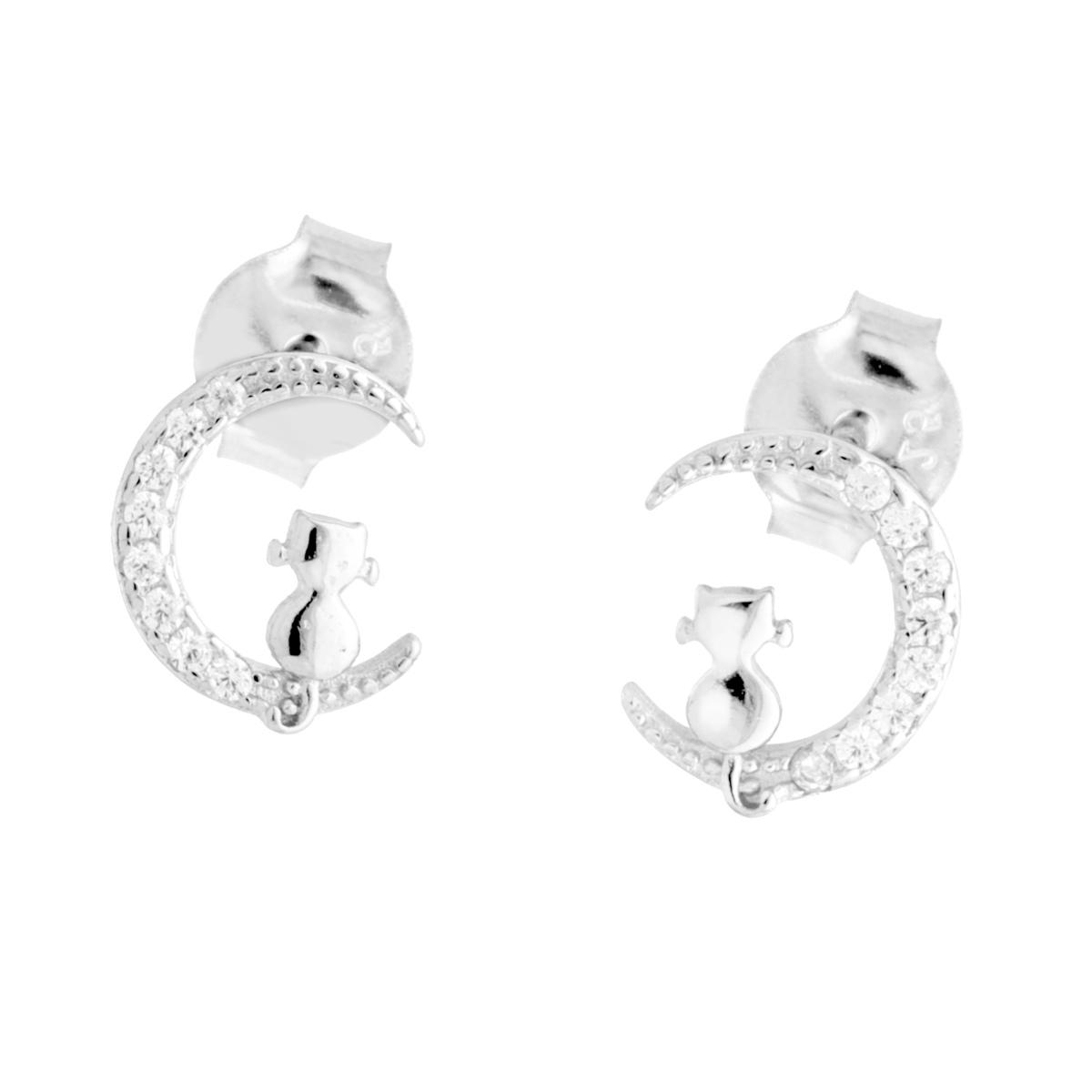 Orecchini Luna e Gatto con Cubic Zirconia Bianchi in ARGENTO 925 Galvanica Rodio