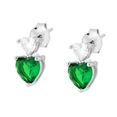 Orecchini Punto Luce Cuori Cubic Zirconia Bianco e Verde Smeraldo in ARGENTO 925 Galvanica Rodio