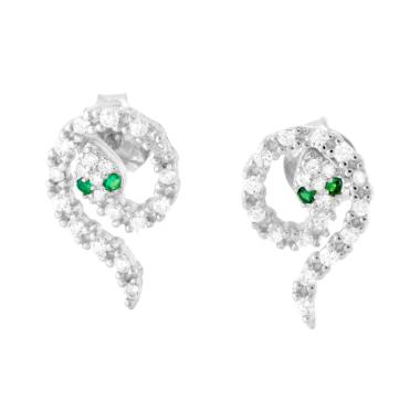 Orecchini Serpente con Cubic Zirconia Bianchi e Verde Smeraldo in ARGENTO 925 Galvanica Rodio