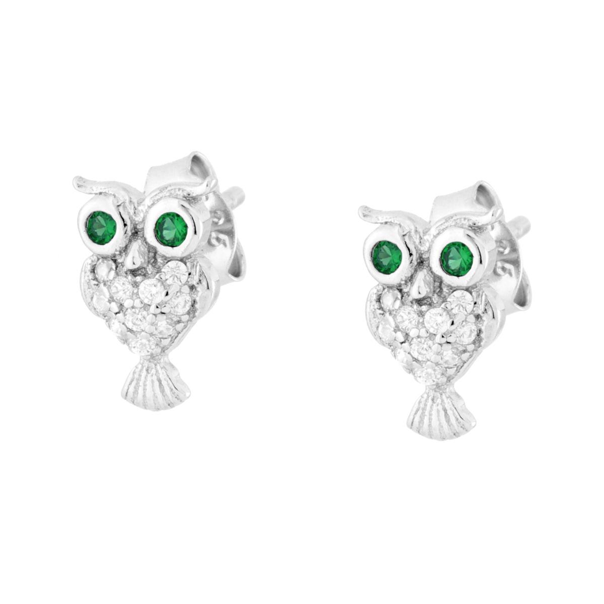 Orecchini Gufo con Cubic Zirconia Bianchi e Verde Smeraldo in ARGENTO 925 Galvanica Rodio