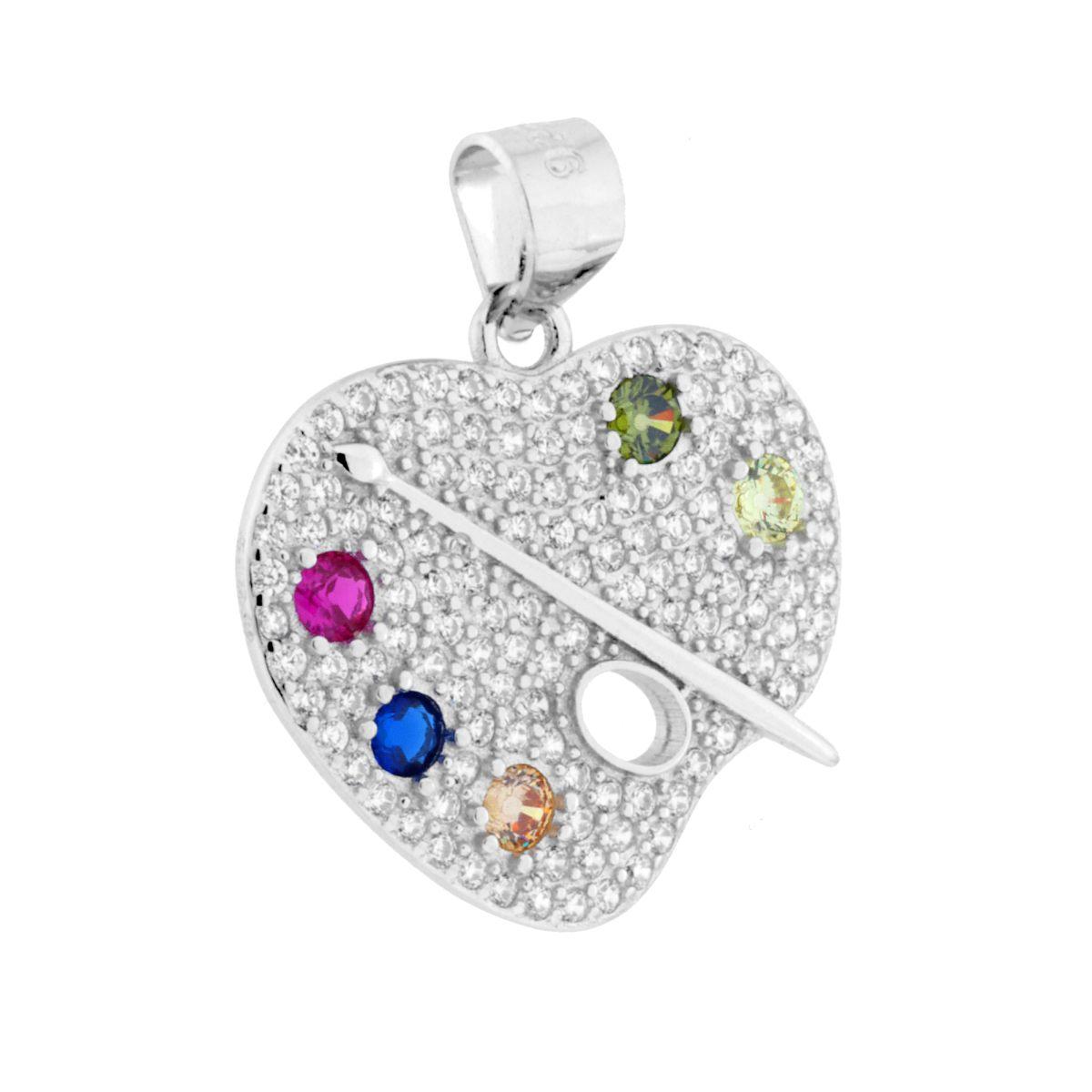 Ciondolo Cuore Tavolozza Pittore con Cubic Zirconia Multicolor in ARGENTO 925 Galvanica Rodio