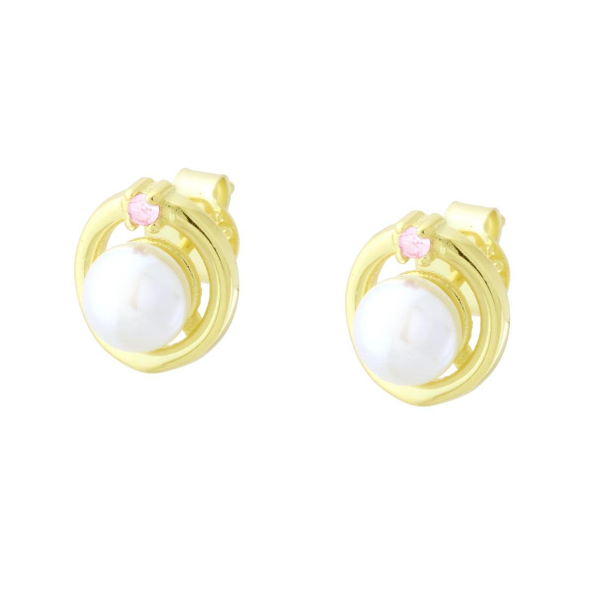 Orecchini Cerchio con Perla Naturale e Cubic Zirconia Rosa in ARGENTO 925 Galvanica Oro