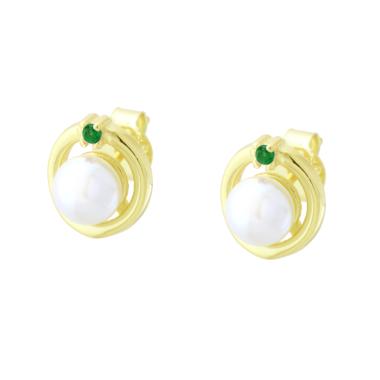 Orecchini Cerchio con Perla Naturale e Cubic Zirconia Verde Smeraldo in ARGENTO 925 Galvanica Oro