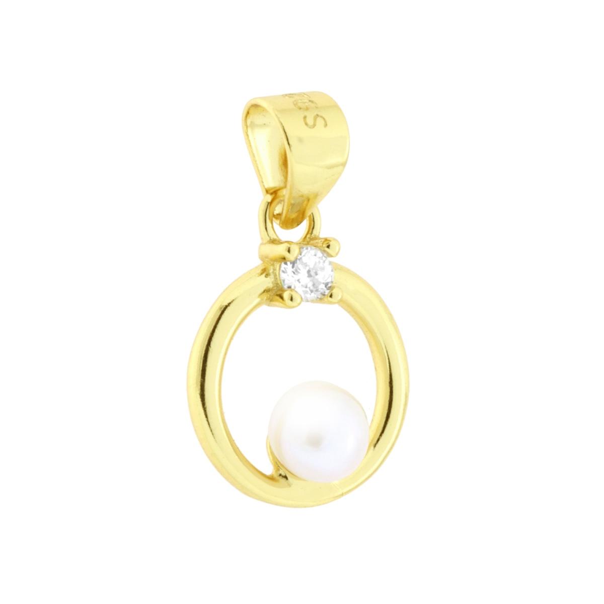Ciondolo Cerchio con Perla Naturale e Cubic Zirconia Bianco in ARGENTO 925 Galvanica Oro