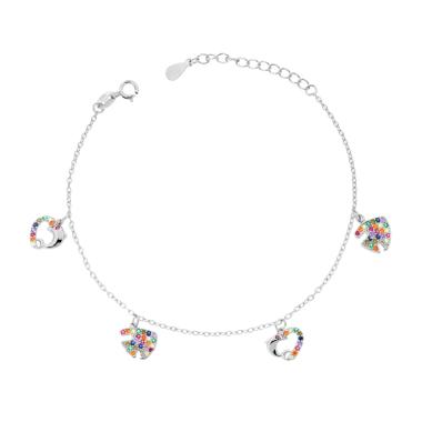 Bracciale Catena Forzatina con Cuori Pesci e Cubic Zirconia Multicolor in ARGENTO 925 Galvanica Rodio