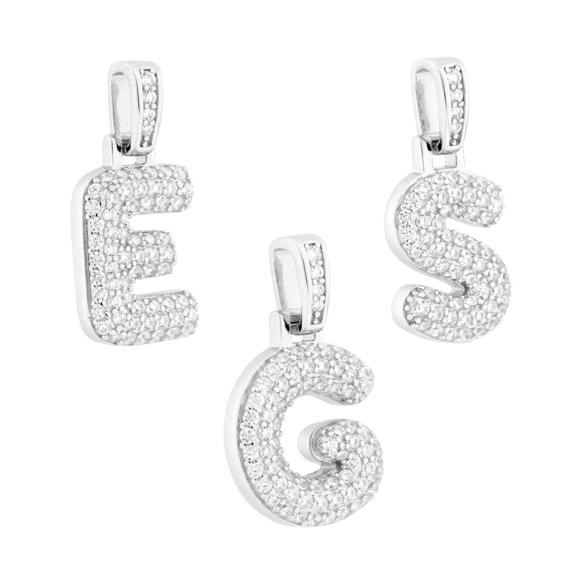 Ciondolo Lettera Bubble Iniziale con Cubic Zirconia Bianchi in ARGENTO 925 Galvanica Rodio