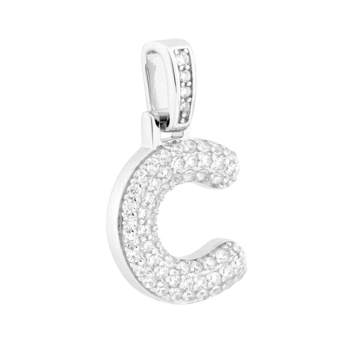 Ciondolo Lettera Bubble Iniziale con Cubic Zirconia Bianchi in ARGENTO 925 Galvanica Rodio