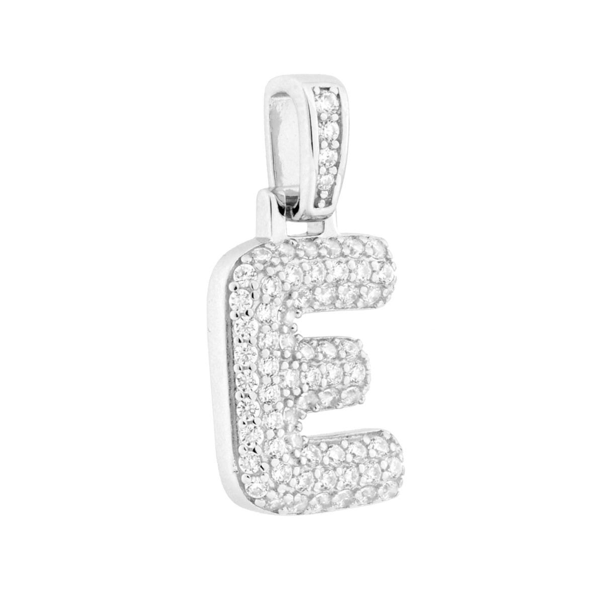 Ciondolo Lettera Bubble Iniziale con Cubic Zirconia Bianchi in ARGENTO 925 Galvanica Rodio