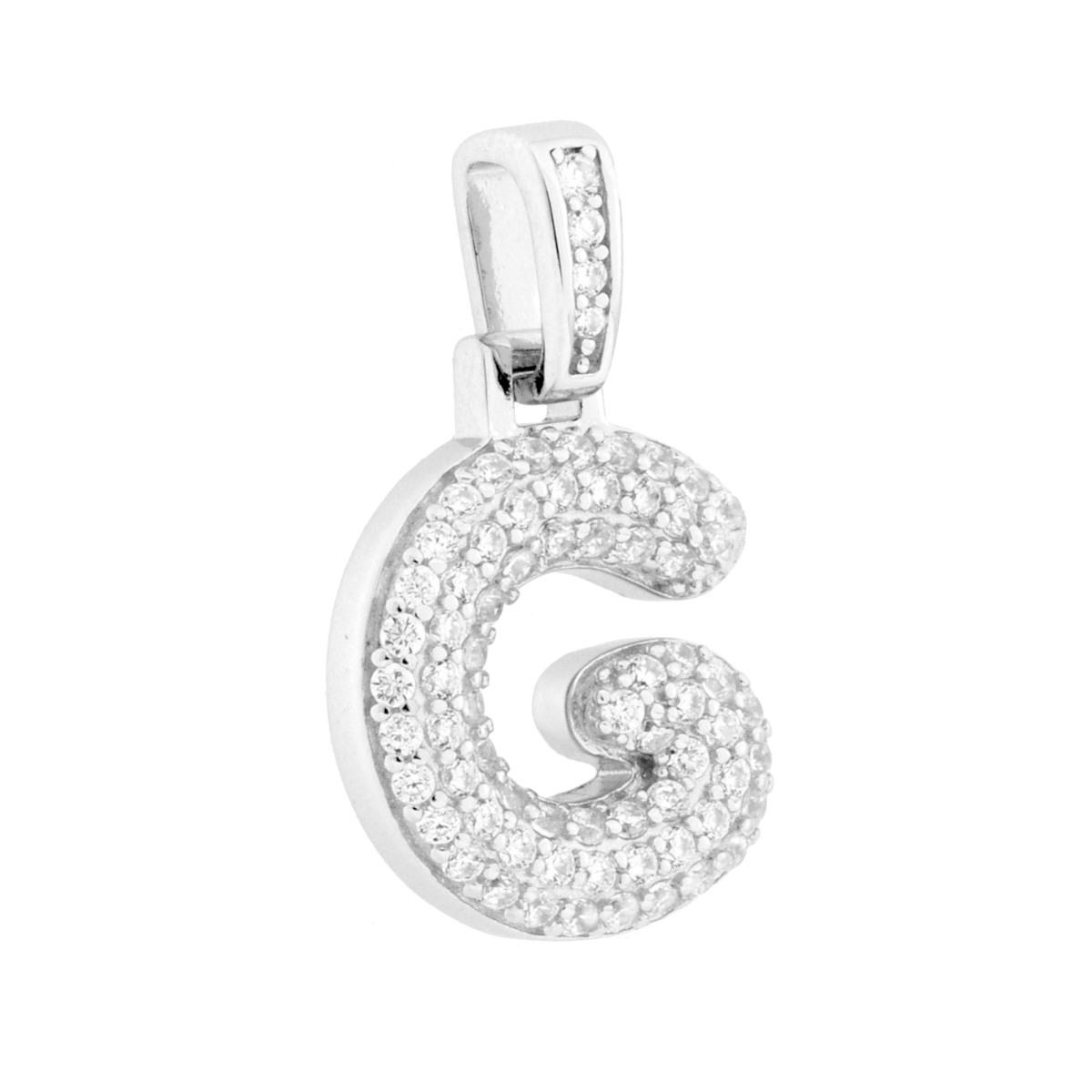 Ciondolo Lettera Bubble Iniziale con Cubic Zirconia Bianchi in ARGENTO 925 Galvanica Rodio