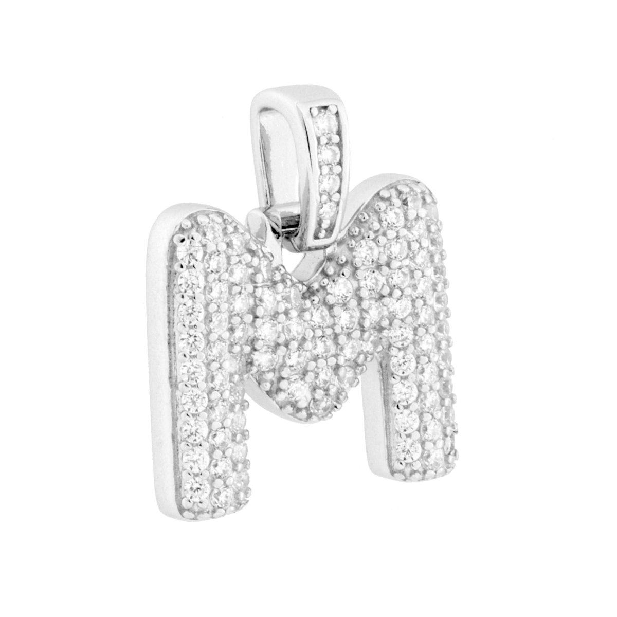 Ciondolo Lettera Bubble Iniziale con Cubic Zirconia Bianchi in ARGENTO 925 Galvanica Rodio