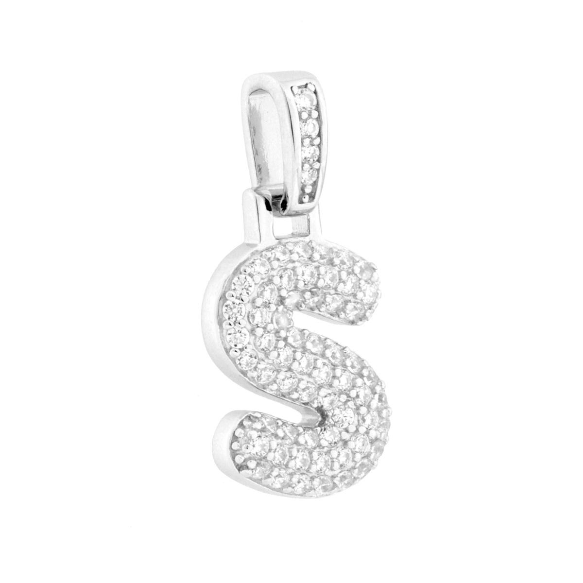 Ciondolo Lettera Bubble Iniziale con Cubic Zirconia Bianchi in ARGENTO 925 Galvanica Rodio
