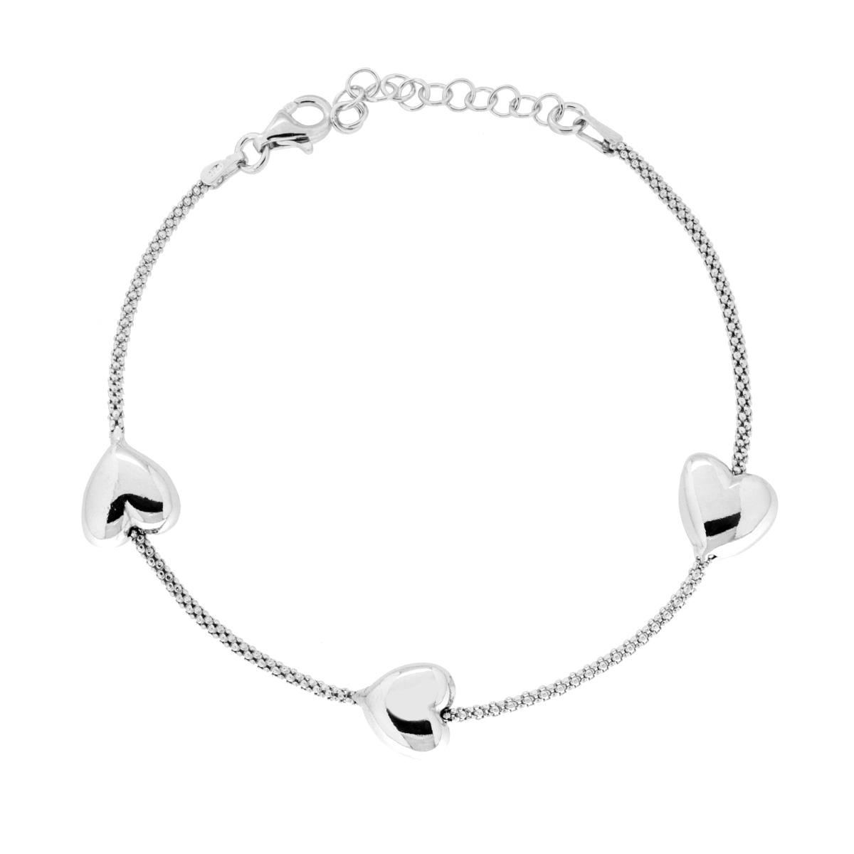 Bracciale Catena Coreana con Cuori Bombati in ARGENTO 925 Galvanica Rodio